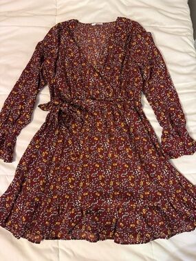 Women’s Burgundy Floral Wrap-Style Long Sleeve Dress with Tie Waist